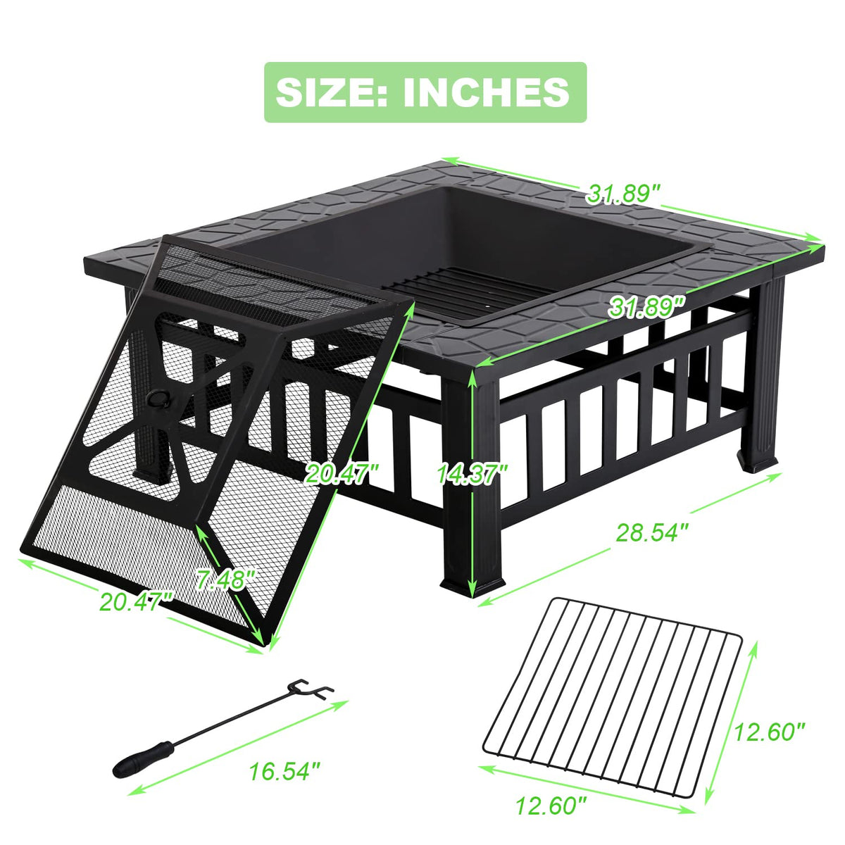 32" Square Wood Burning Fire Pit Table with Spark Screen H36209