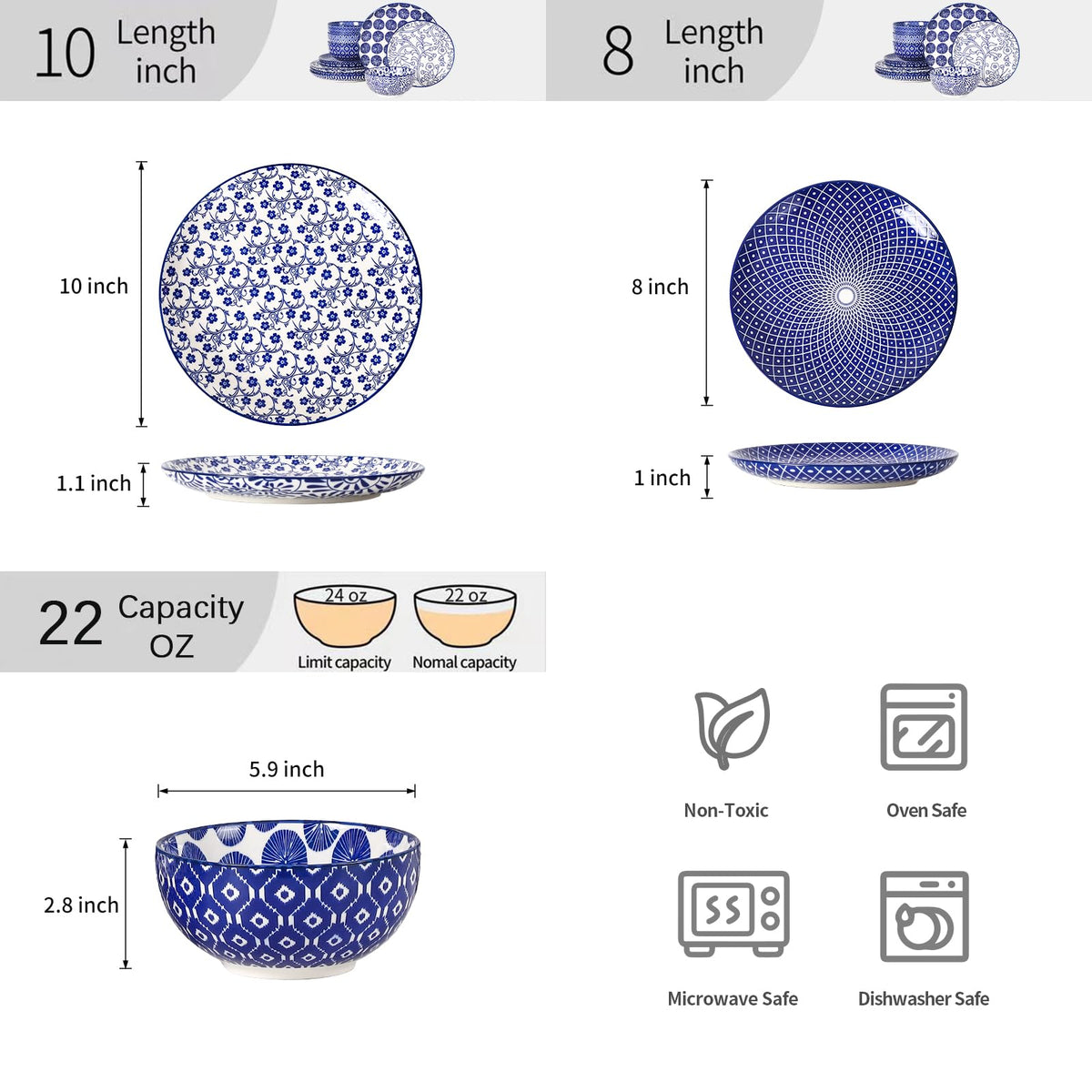 Ceramic Plates and Bowls Set, 12 Pieces Dinnerware Set for 4 A9079
