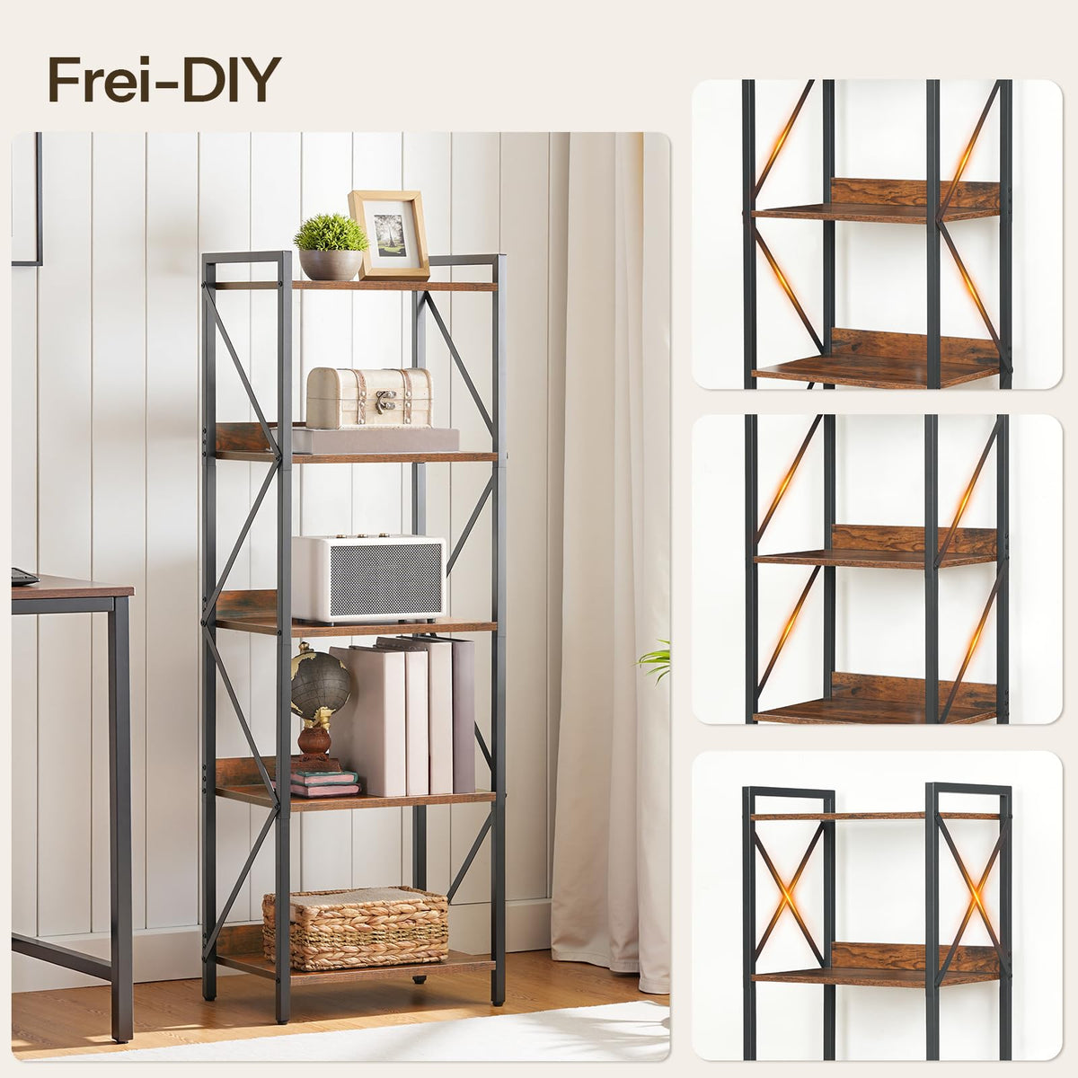 5-Tier Industrial Bookshelf with Metal Frame R263