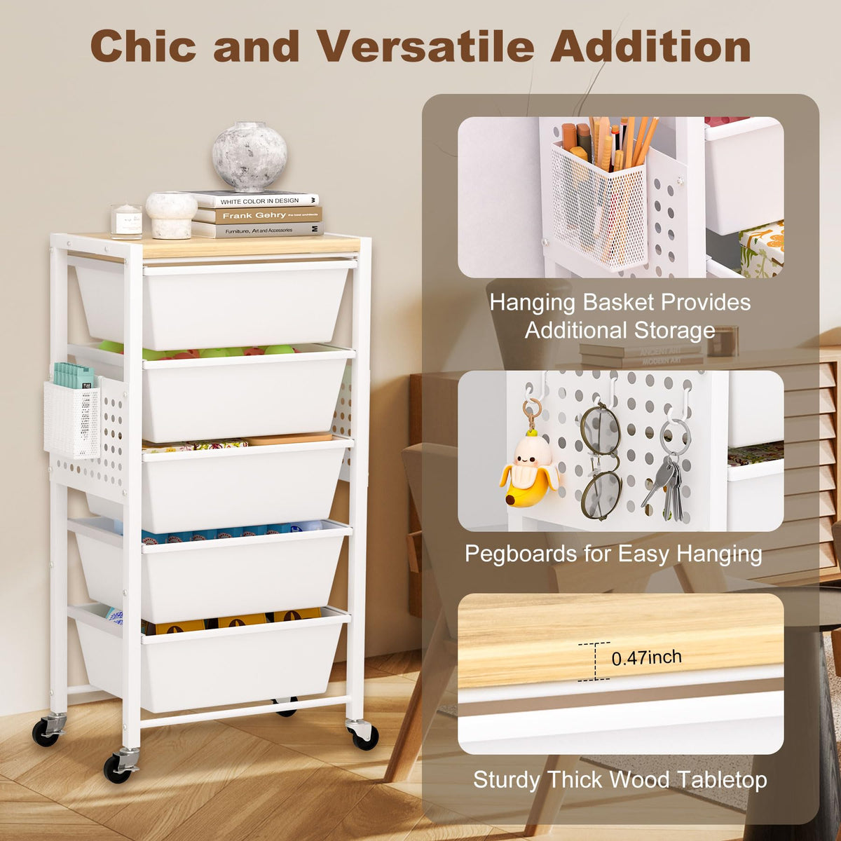 Rolling Storage Cart with 5 Plastic Drawers and Wooden Tabletop V926606