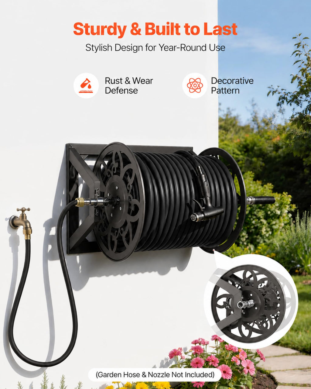 Wall Mounted Garden Hose Reel, Holds 200 ft 5/8" Hose, Heavy-Duty Steel Manual Winder W2615