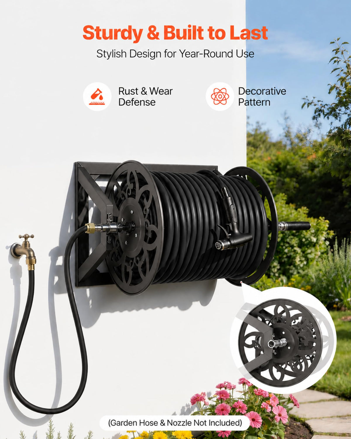 Wall Mounted Garden Hose Reel, Holds 200 ft 5/8" Hose, Heavy-Duty Steel Manual Winder W2615