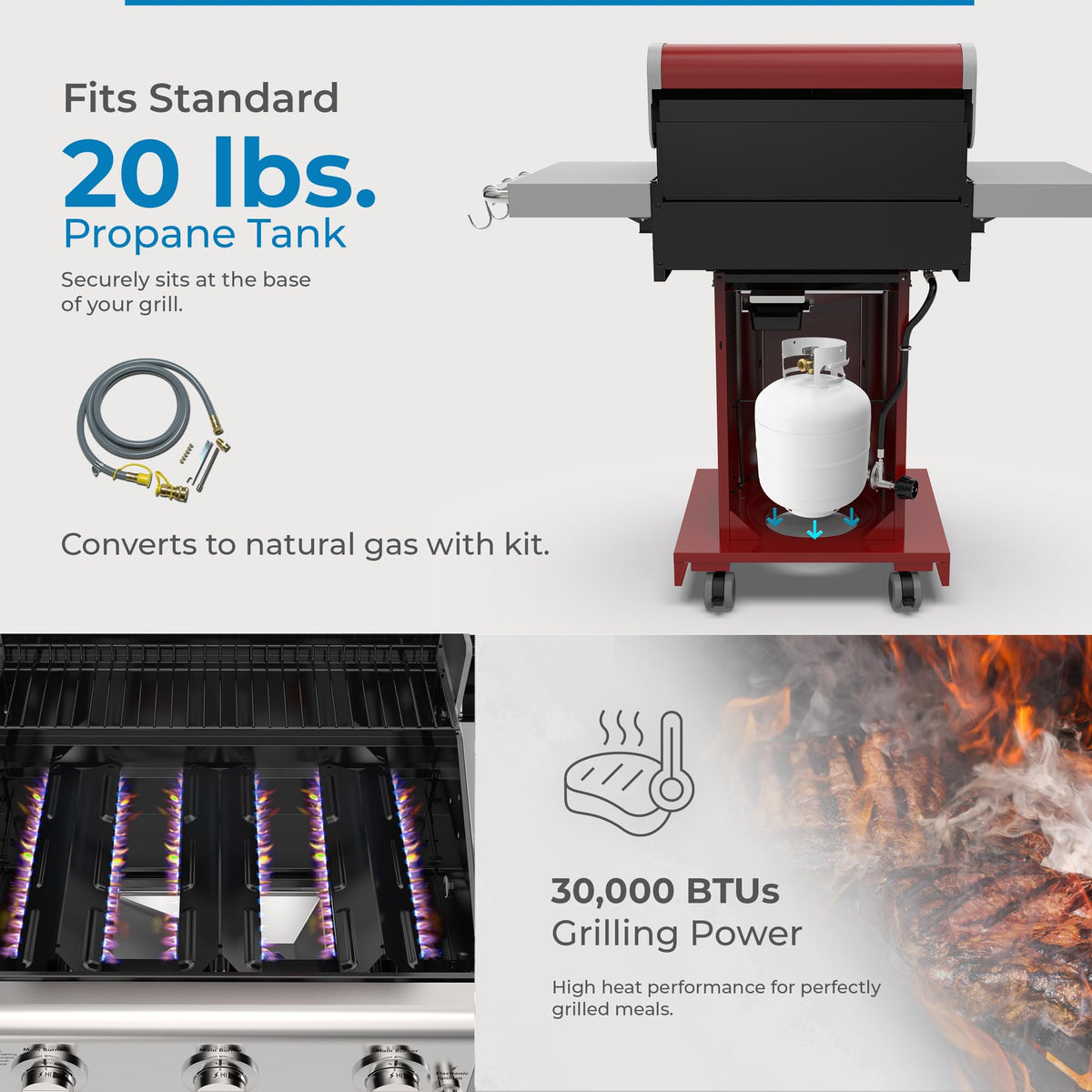 3-Burner Liquid Propane Gas Grill with Folding Sides, Wheels, 30000 BTU, Red L273792