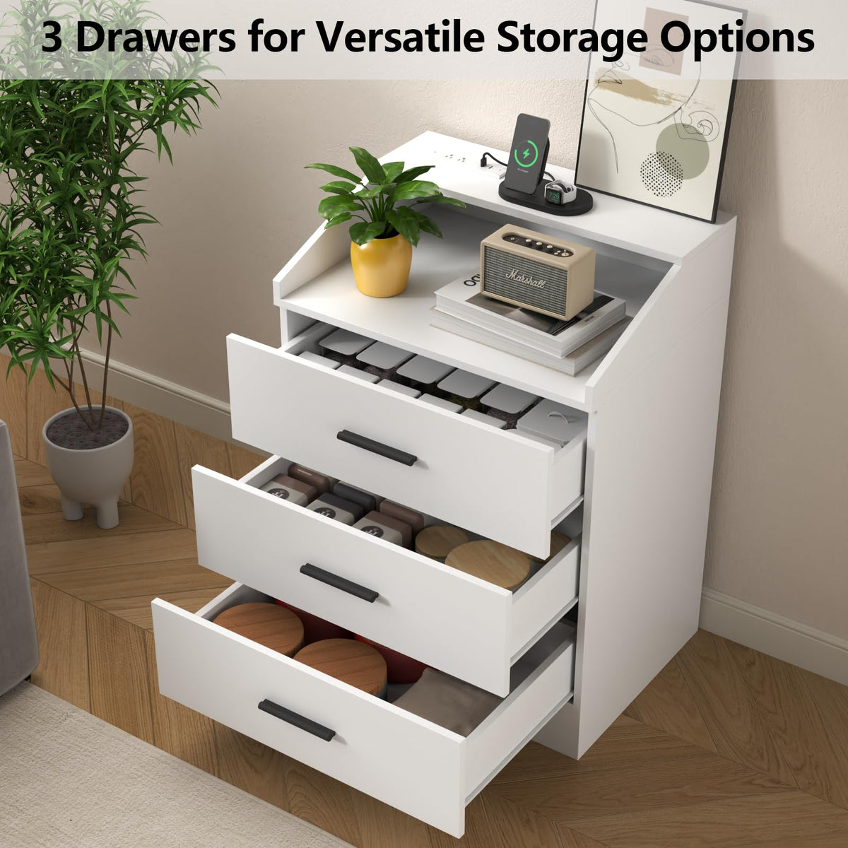 White 3 Drawer Nightstand with Charging Station J463468