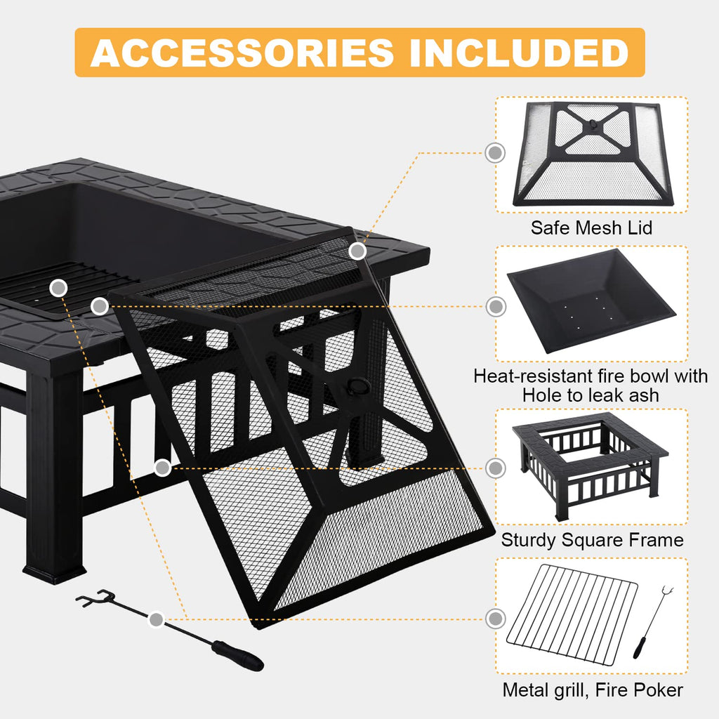 32" Square Wood Burning Fire Pit Table with Spark Screen H36209