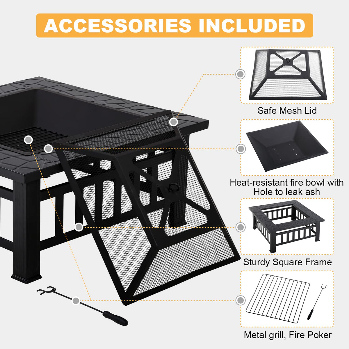 32" Square Wood Burning Fire Pit Table with Spark Screen H36209