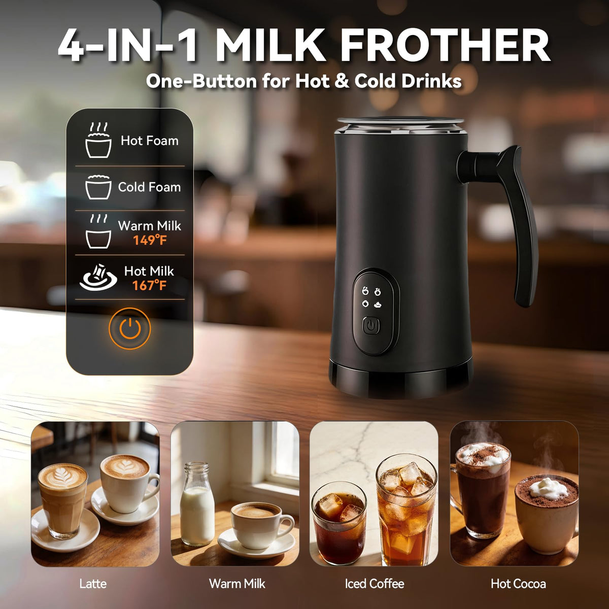 4-in-1 Electric Milk Frother and Steamer Black P93951
