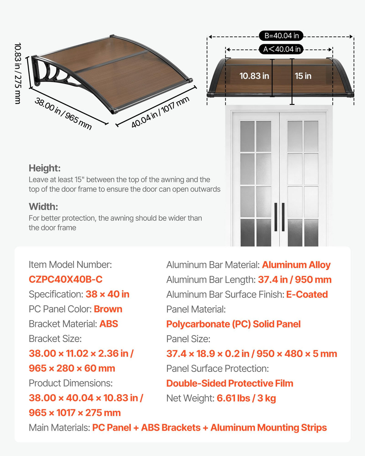 38" x 40" Door Window Awning U686297