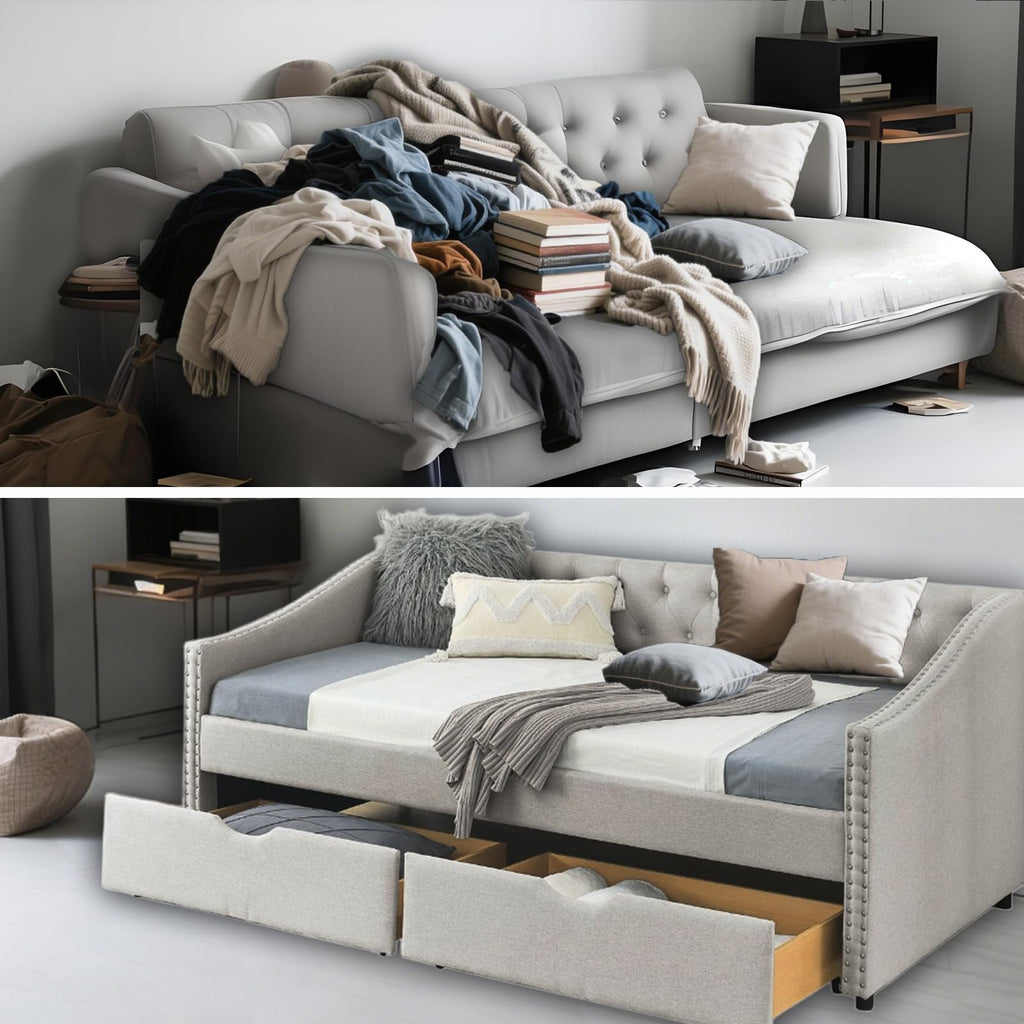 Twin Linen Upholstered Daybed with 2 Storage Drawers Q1132