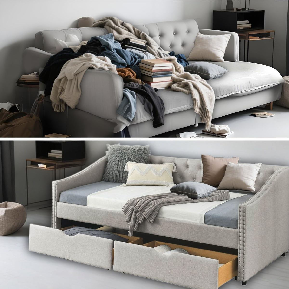 Twin Linen Upholstered Daybed with 2 Storage Drawers Q1132