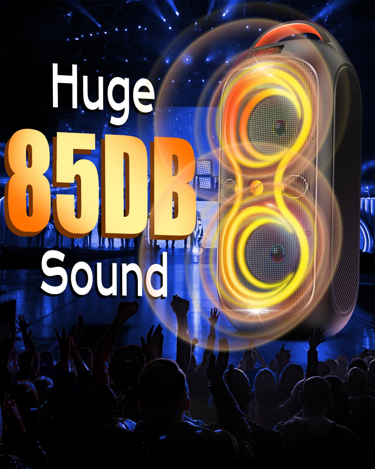 Party Bluetooth Speaker with Dual 4" Woofers, 60W Peak Power, 12H Playtime, Dynamic LED Lights, TWS, FM, AUX, USB, Mic Input, Portable Rechargeable Speaker for Indoor & Outdoor Events -Updated Version M74246