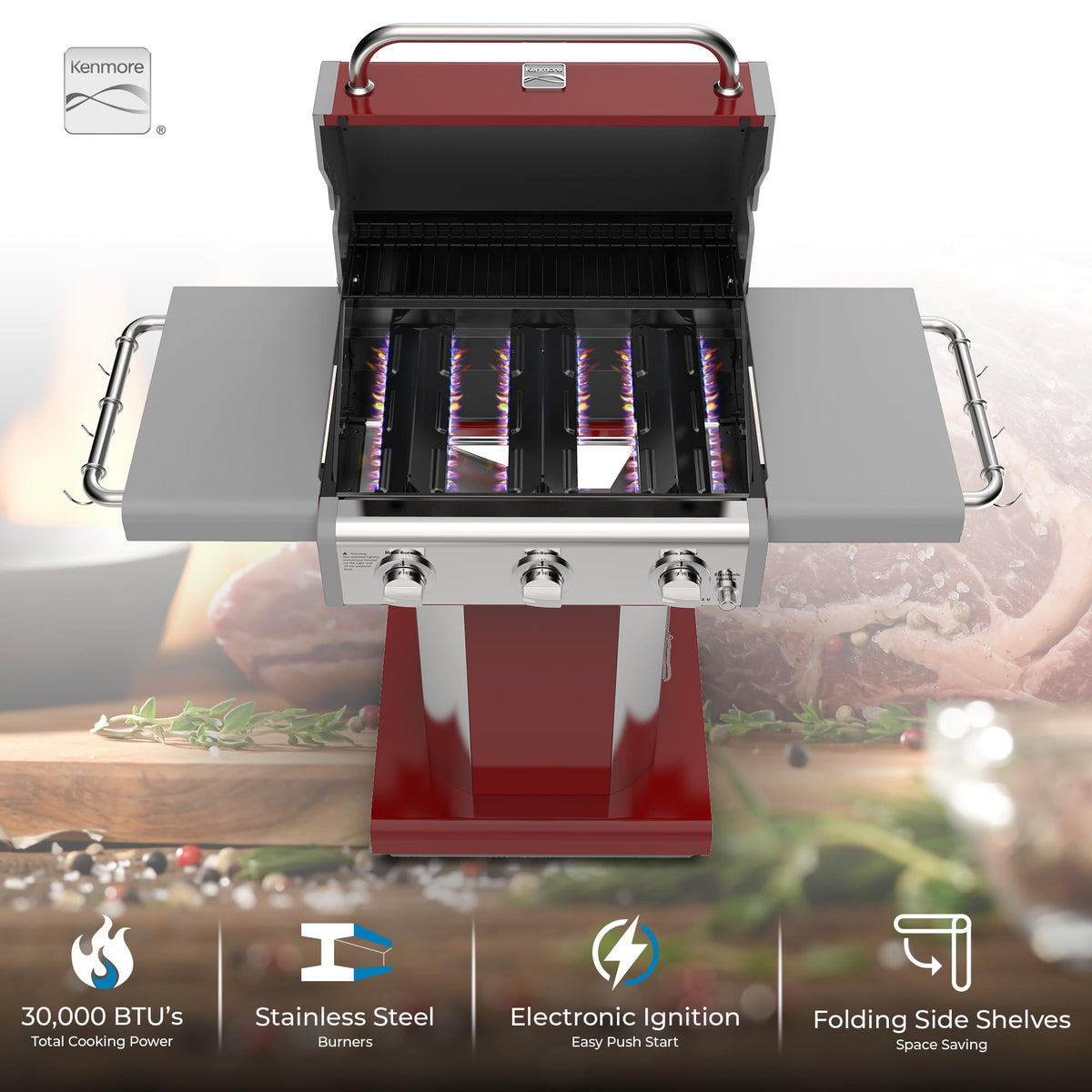 3-Burner Liquid Propane Gas Grill with Folding Sides, Wheels, 30000 BTU, Red L273792