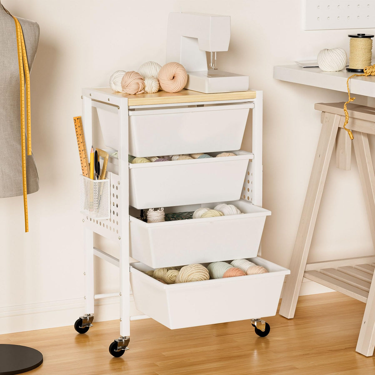 Rolling Storage Cart with 5 Plastic Drawers and Wooden Tabletop V926606