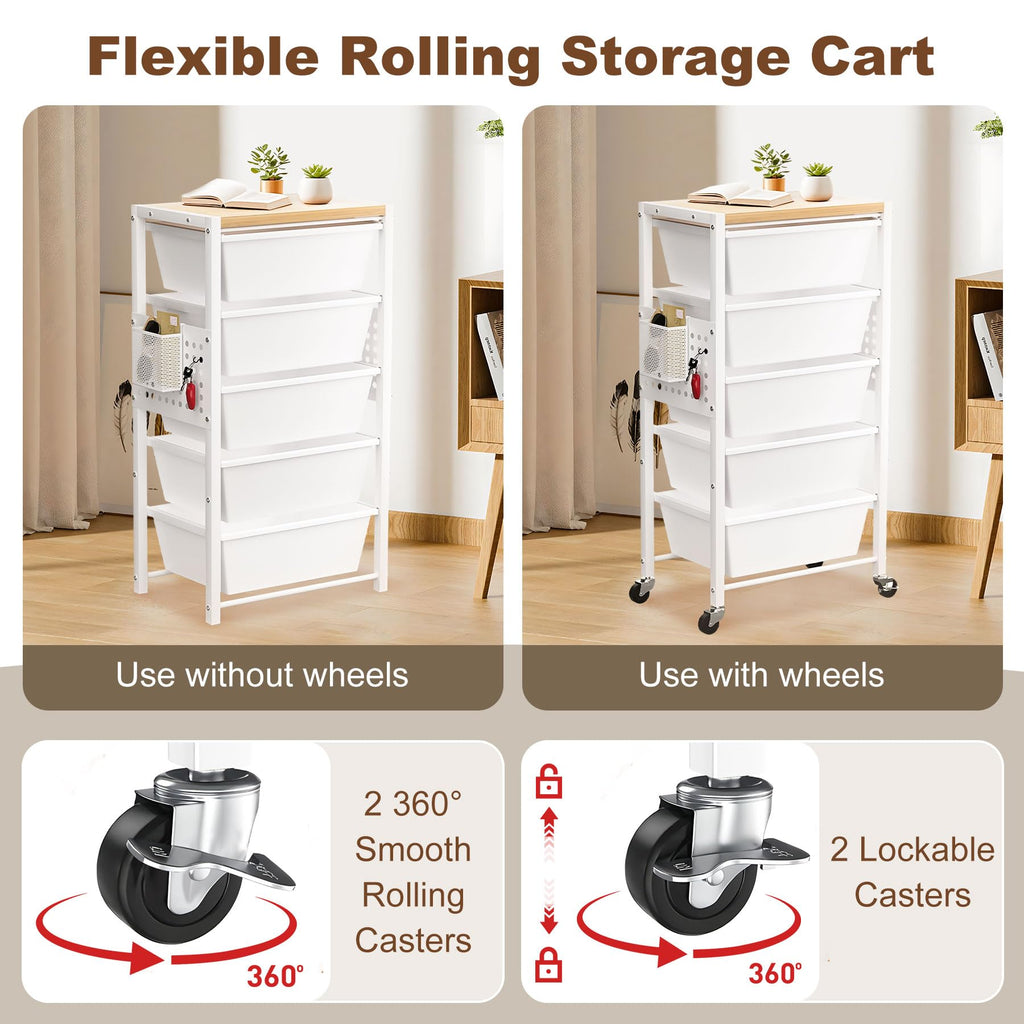 Rolling Storage Cart with 5 Plastic Drawers and Wooden Tabletop V926606
