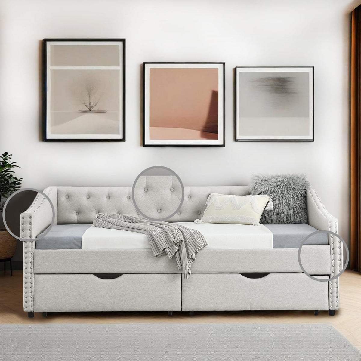 Twin Linen Upholstered Daybed with 2 Storage Drawers Q1132