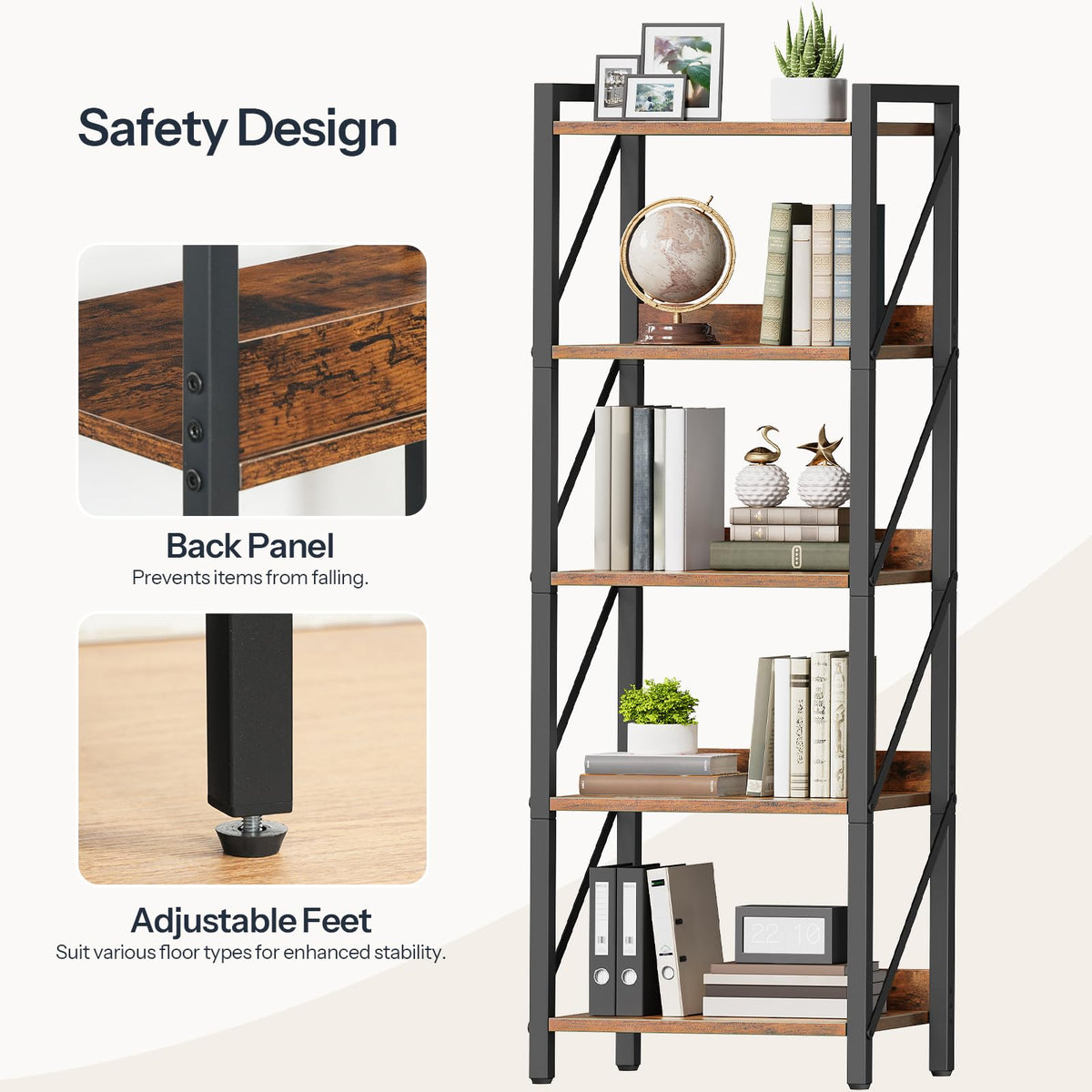 5-Tier Industrial Bookshelf with Metal Frame R263
