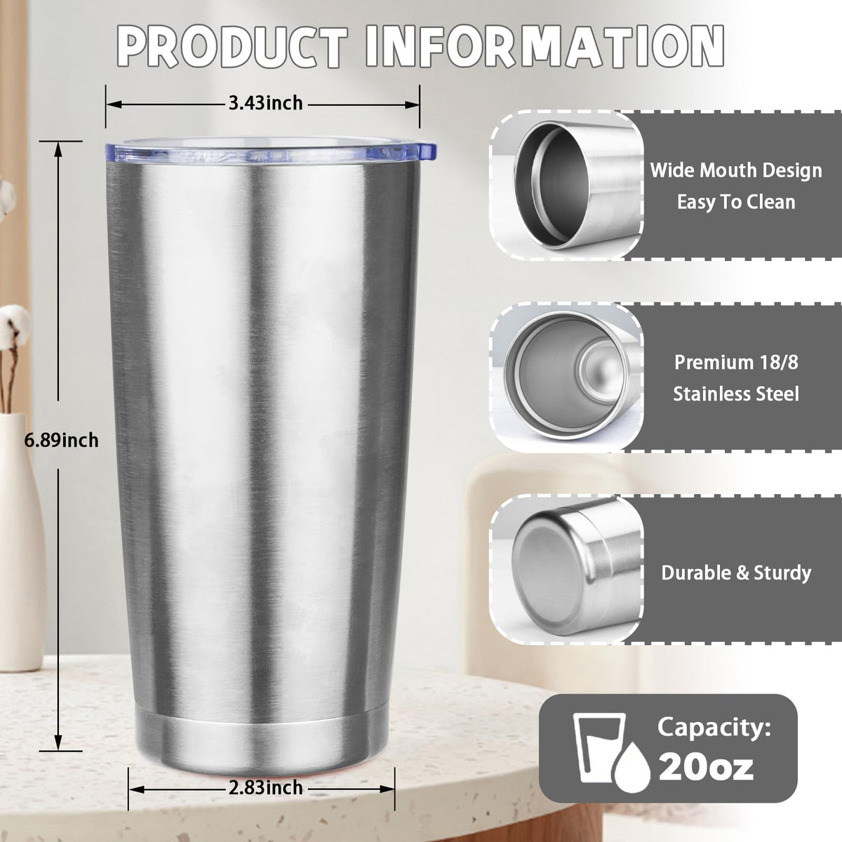 20 oz Stainless Steel Insulated Tumbler with Lids and Straws G4511