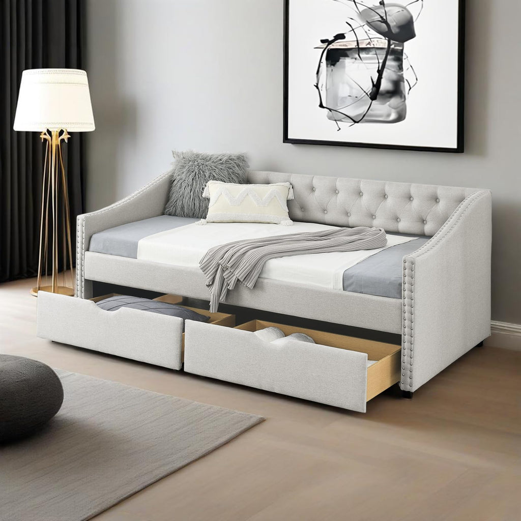 Twin Linen Upholstered Daybed with 2 Storage Drawers Q1132