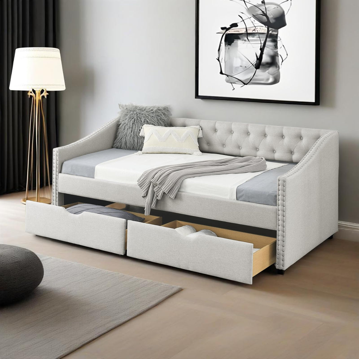 Twin Linen Upholstered Daybed with 2 Storage Drawers Q1132