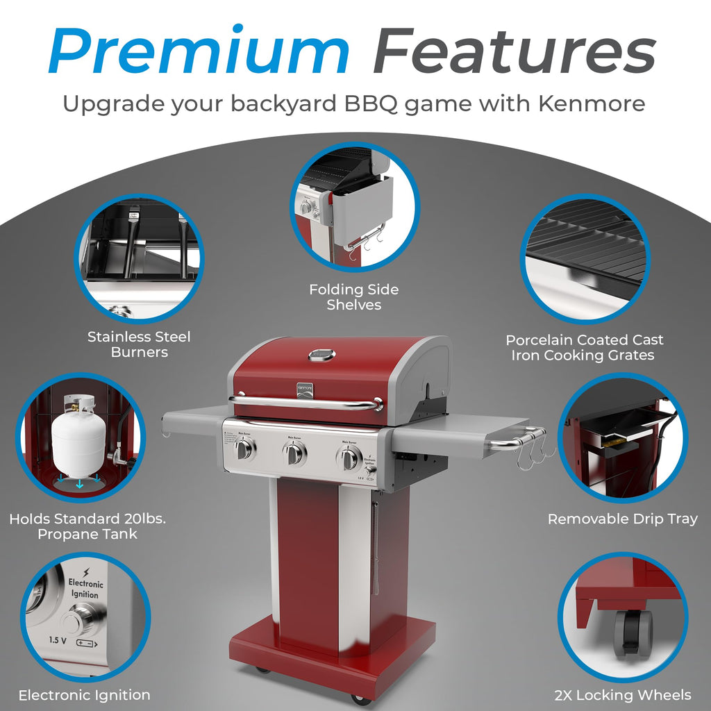 3-Burner Liquid Propane Gas Grill with Folding Sides, Wheels, 30000 BTU, Red L273792
