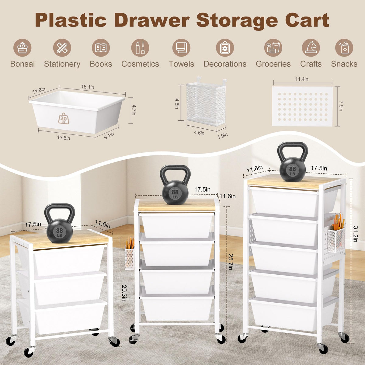 Rolling Storage Cart with 5 Plastic Drawers and Wooden Tabletop V926606
