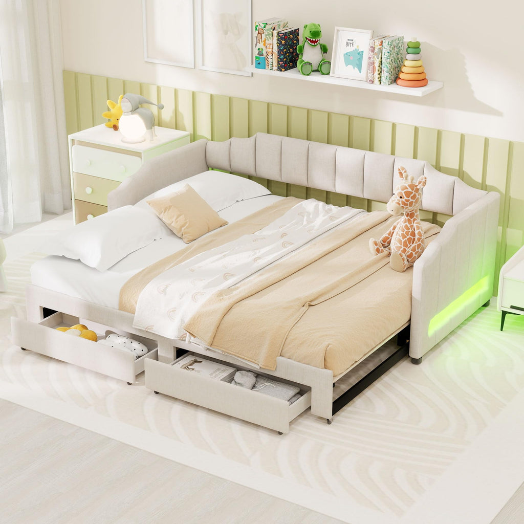 Twin XL Linen Upholstered Daybed with Storage Drawers and LED Light S852023