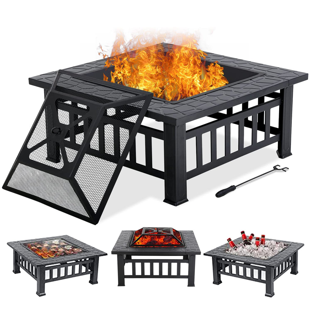 32" Square Wood Burning Fire Pit Table with Spark Screen H36209