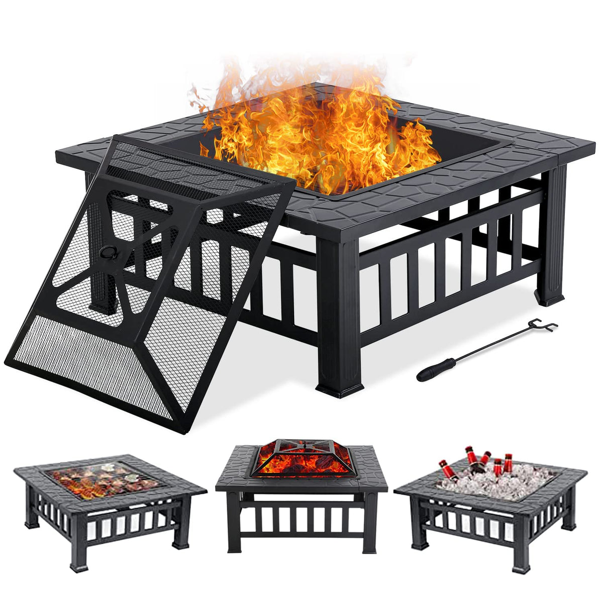 32" Square Wood Burning Fire Pit Table with Spark Screen H36209