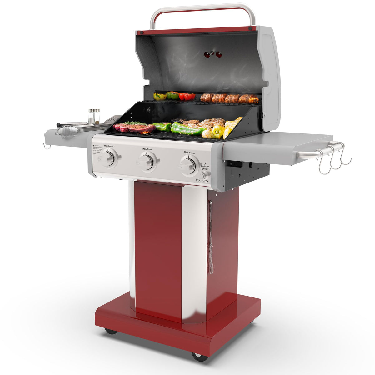 3-Burner Liquid Propane Gas Grill with Folding Sides, Wheels, 30000 BTU, Red L273792