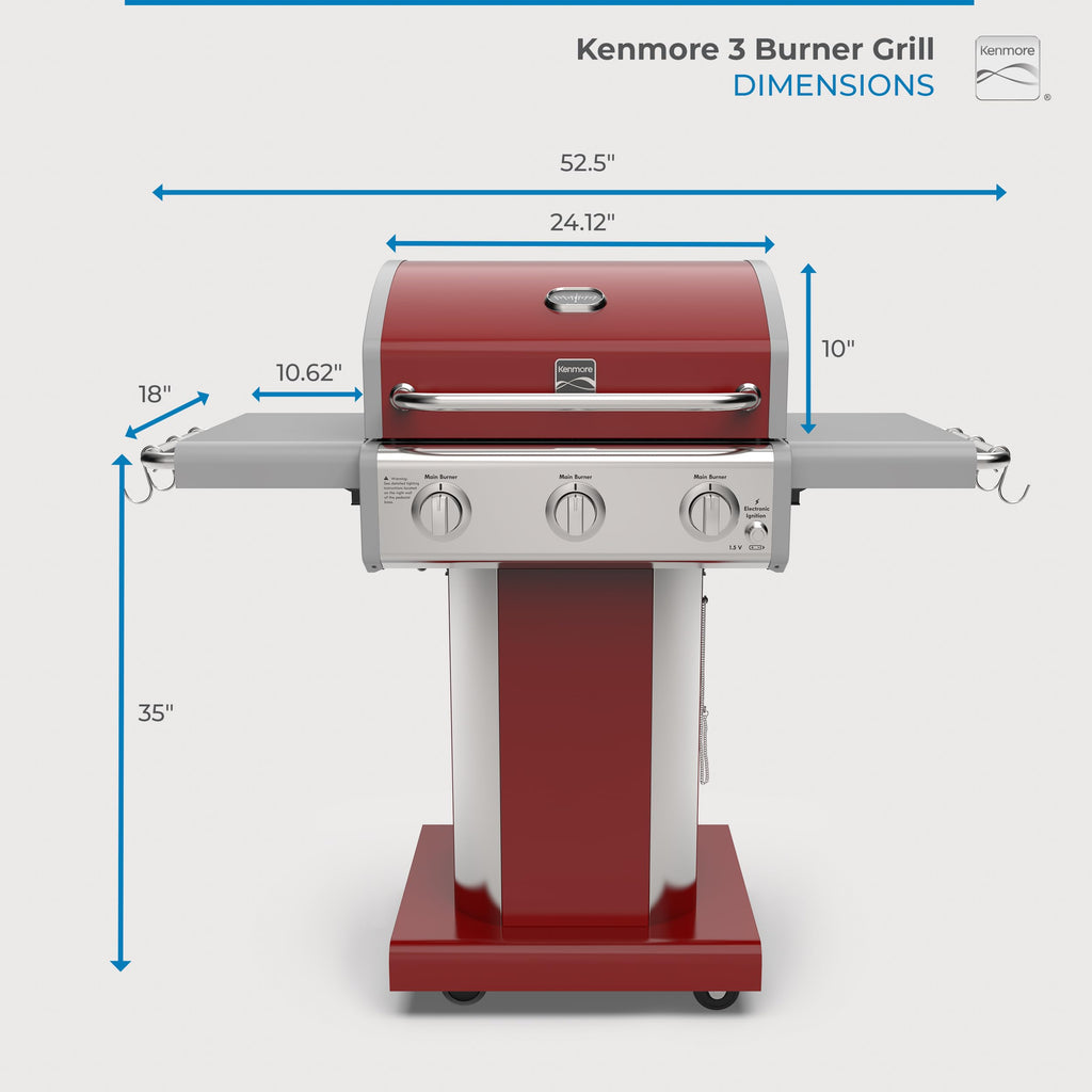 3-Burner Liquid Propane Gas Grill with Folding Sides, Wheels, 30000 BTU, Red L273792