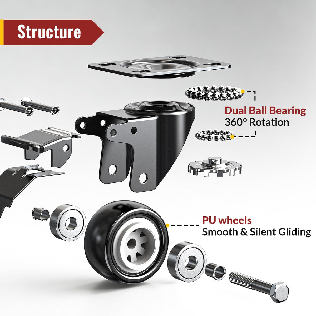 2 Inch Heavy Duty PU Caster Wheels, Set of 4 Q598517