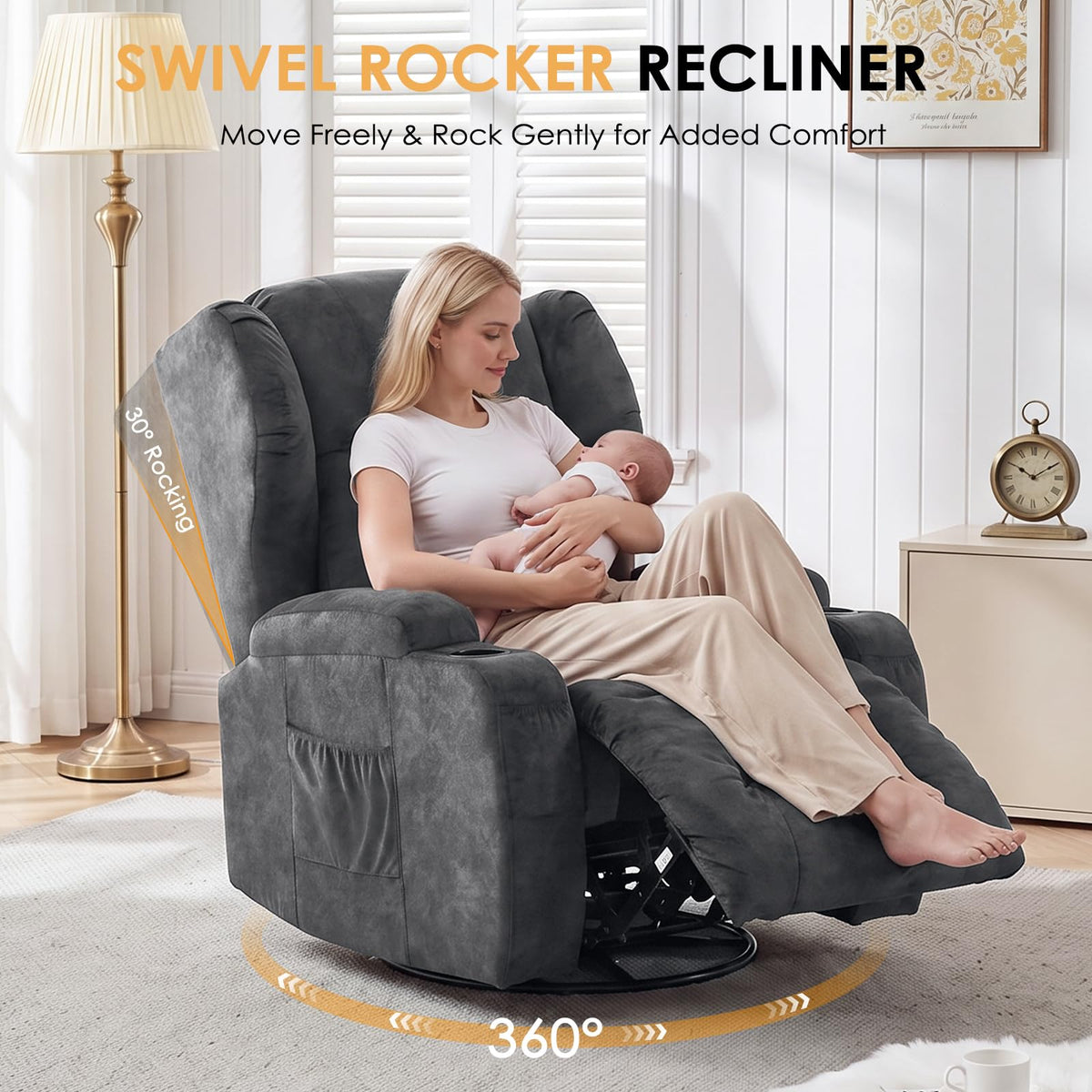 Oversized Velvet Swivel Rocker Recliner Chair with Cup Holders T757