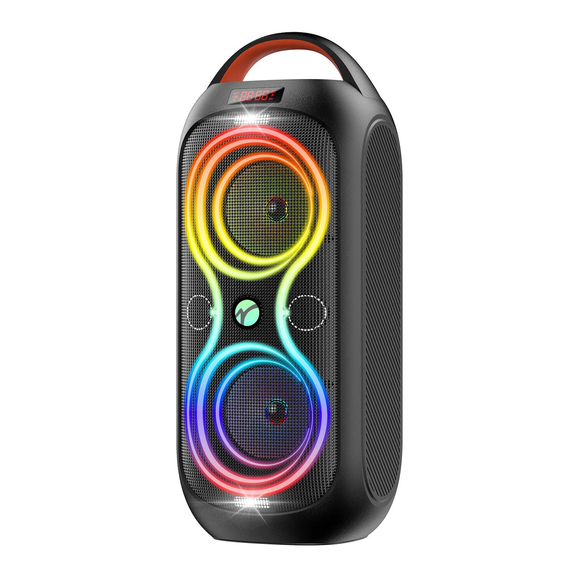 Party Bluetooth Speaker with Dual 4" Woofers, 60W Peak Power, 12H Playtime, Dynamic LED Lights, TWS, FM, AUX, USB, Mic Input, Portable Rechargeable Speaker for Indoor & Outdoor Events -Updated Version M74246