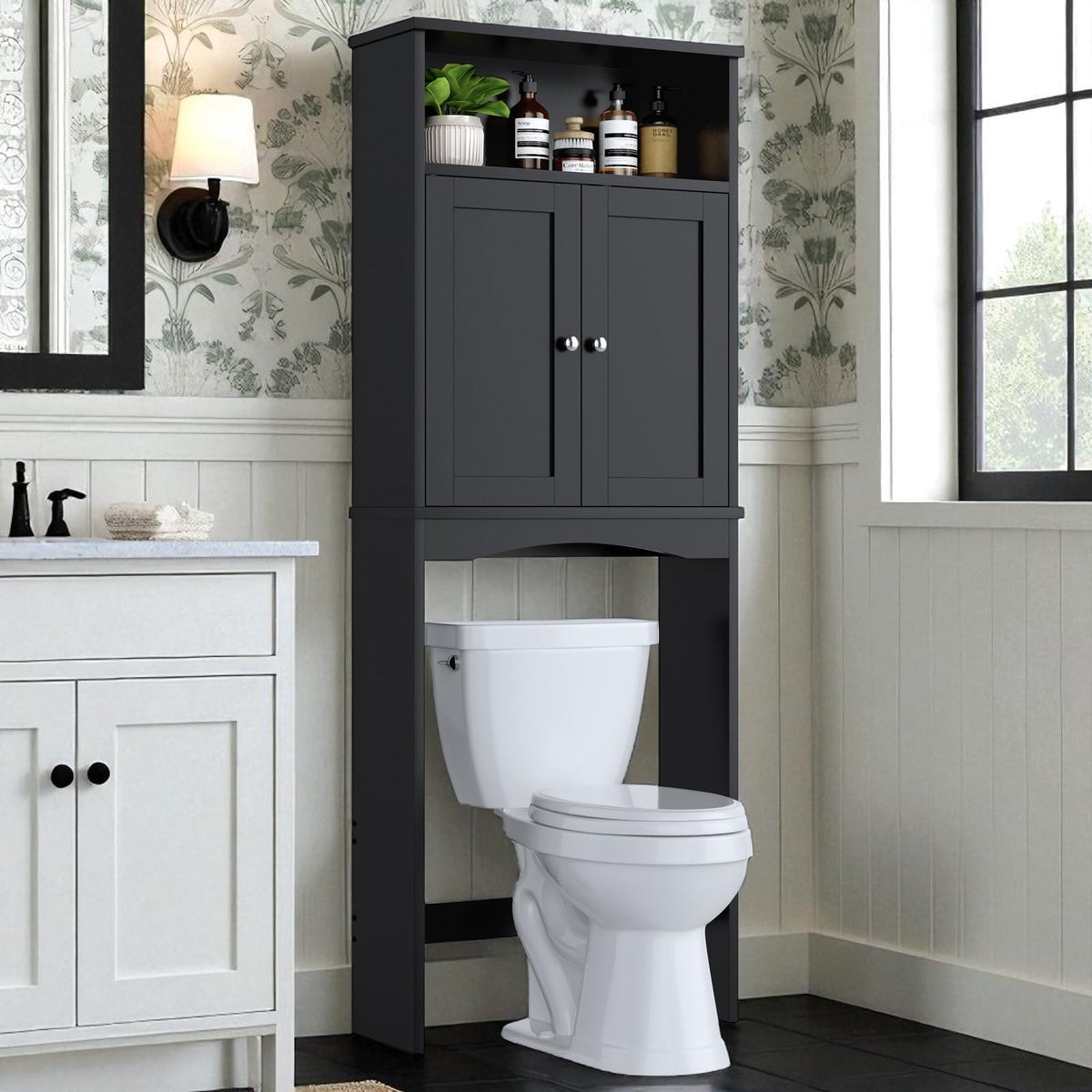 Over The Toilet Storage Cabinet with Adjustable Shelf and Double Door, Black F753928