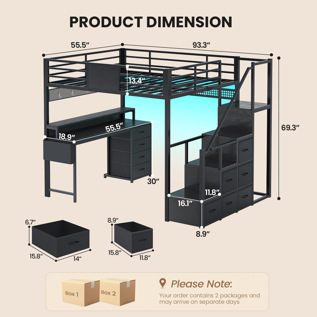 Full Size Loft Bed with Desk and Storage Stairs W542