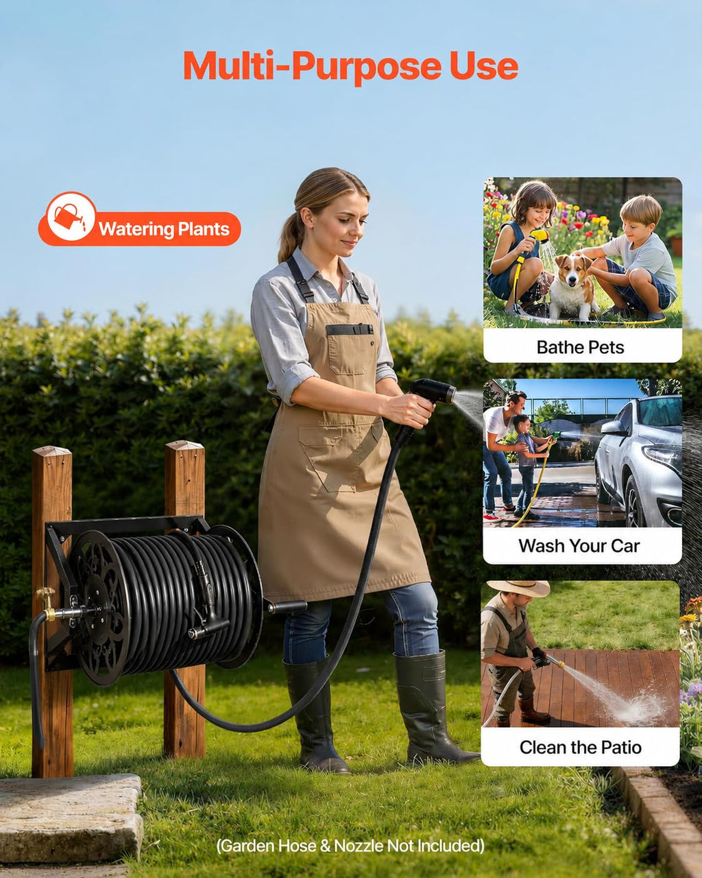 Wall Mounted Garden Hose Reel, Holds 200 ft 5/8" Hose, Heavy-Duty Steel Manual Winder W2615