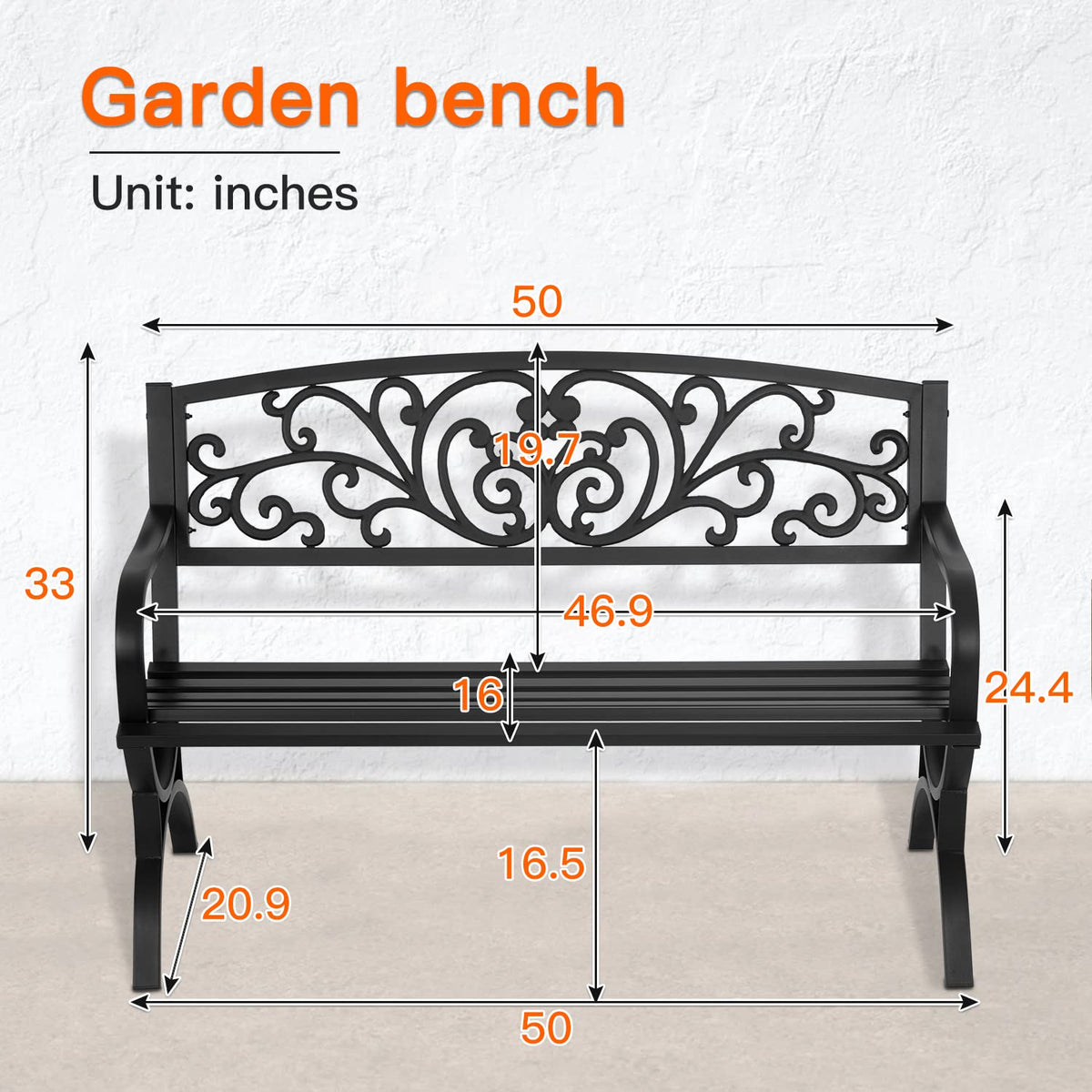 50 inch Black Metal Patio Garden Bench with Armrests T215345