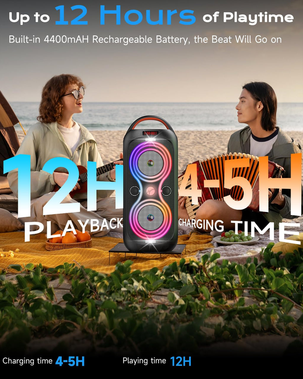 Party Bluetooth Speaker with Dual 4" Woofers, 60W Peak Power, 12H Playtime, Dynamic LED Lights, TWS, FM, AUX, USB, Mic Input, Portable Rechargeable Speaker for Indoor & Outdoor Events -Updated Version M74246