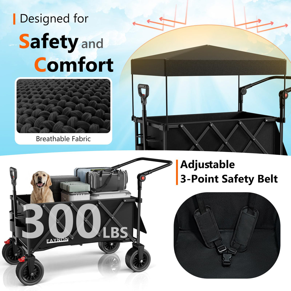 Collapsible Wagon with 300lbs Capacity, 150L Heavy Duty Utility Cart, Black V182