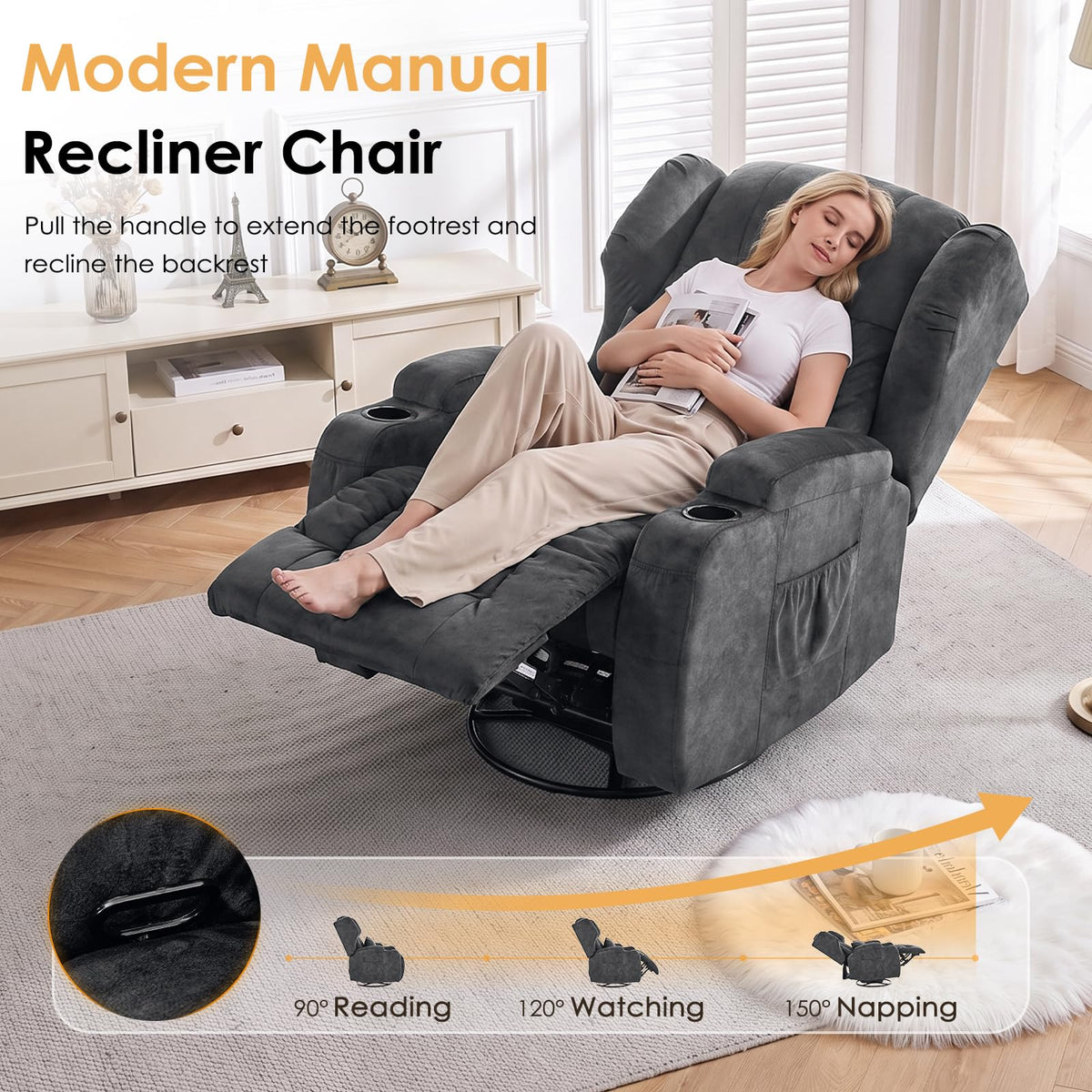 Oversized Velvet Swivel Rocker Recliner Chair with Cup Holders T757