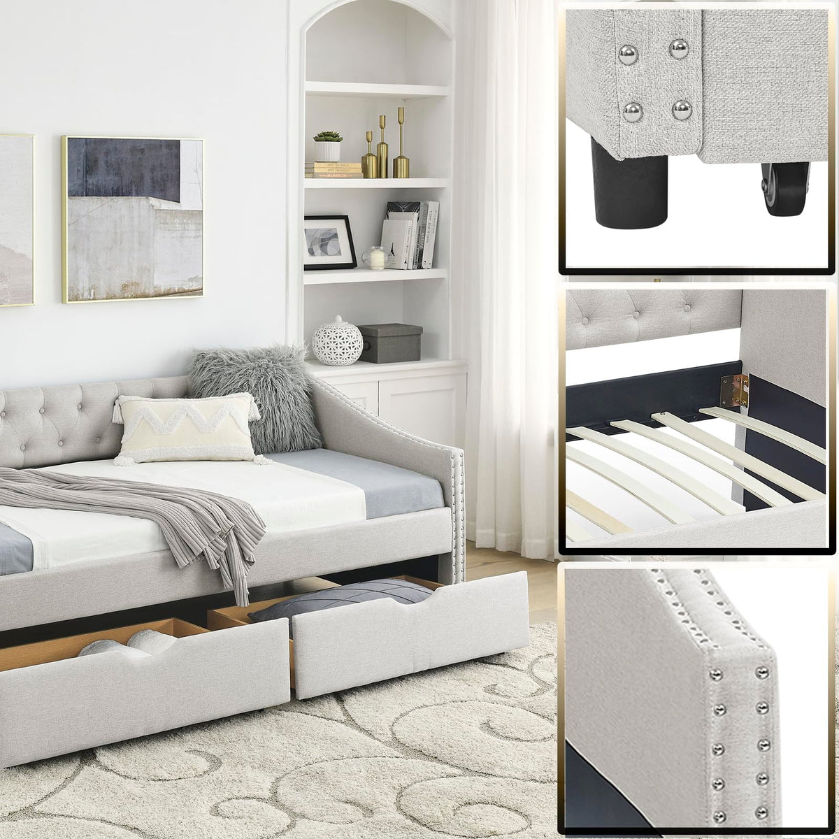 Twin Linen Upholstered Daybed with 2 Storage Drawers Q1132