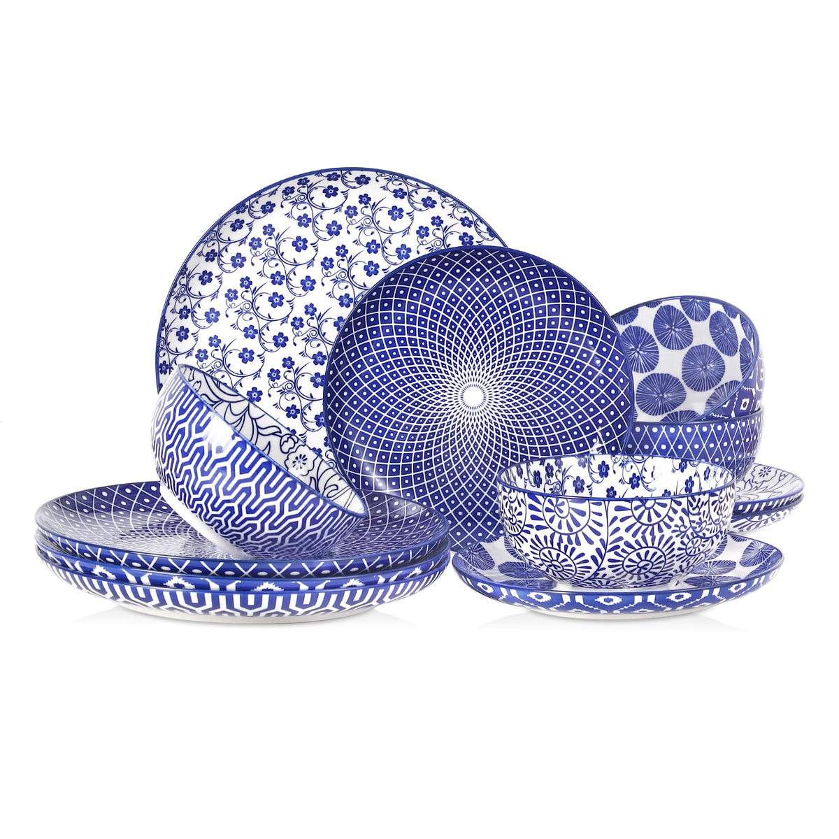 Ceramic Plates and Bowls Set, 12 Pieces Dinnerware Set for 4 A9079
