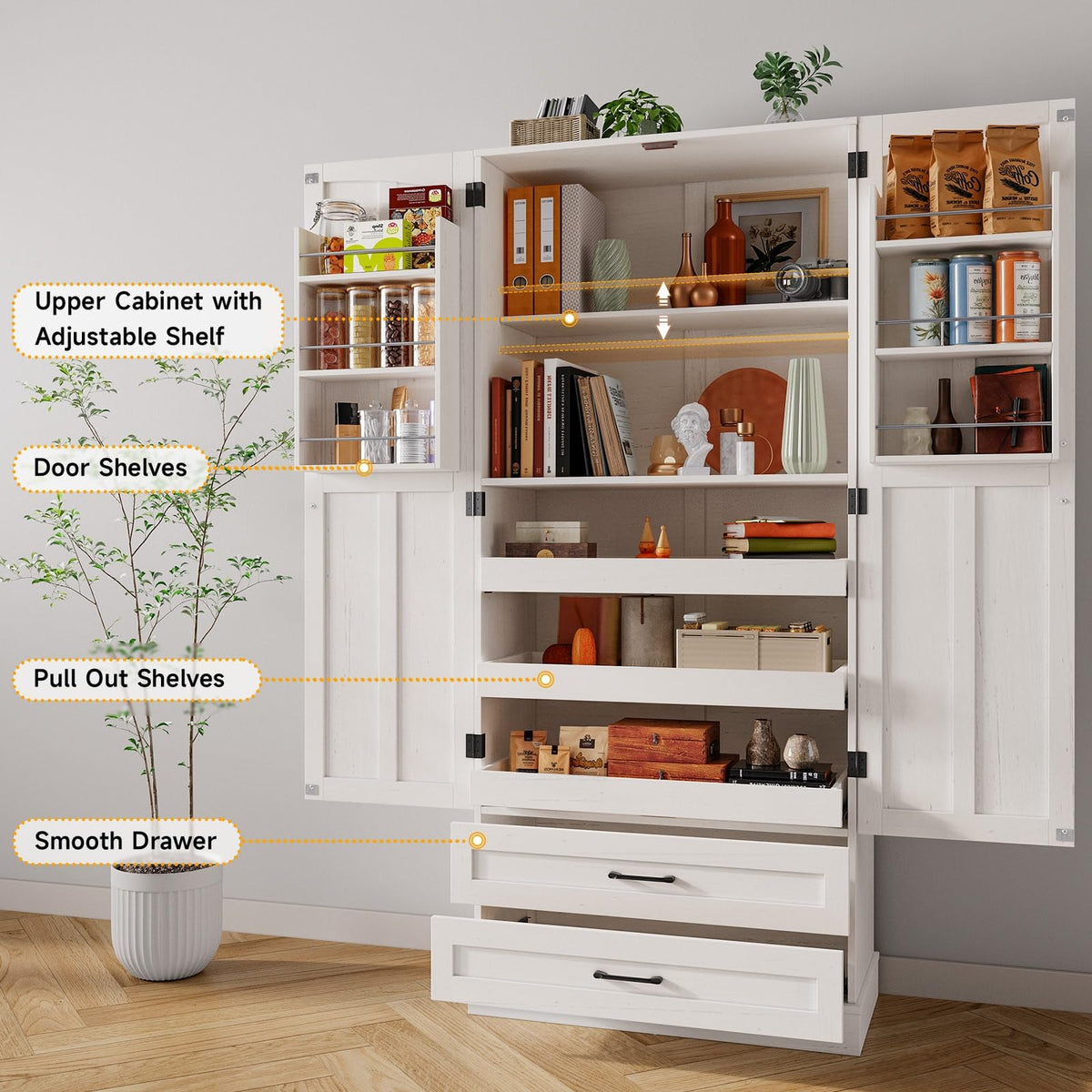 71" Off-White Kitchen Pantry Cabinet with 3 Pull-Out Shelf & 2 Drawer Z89452