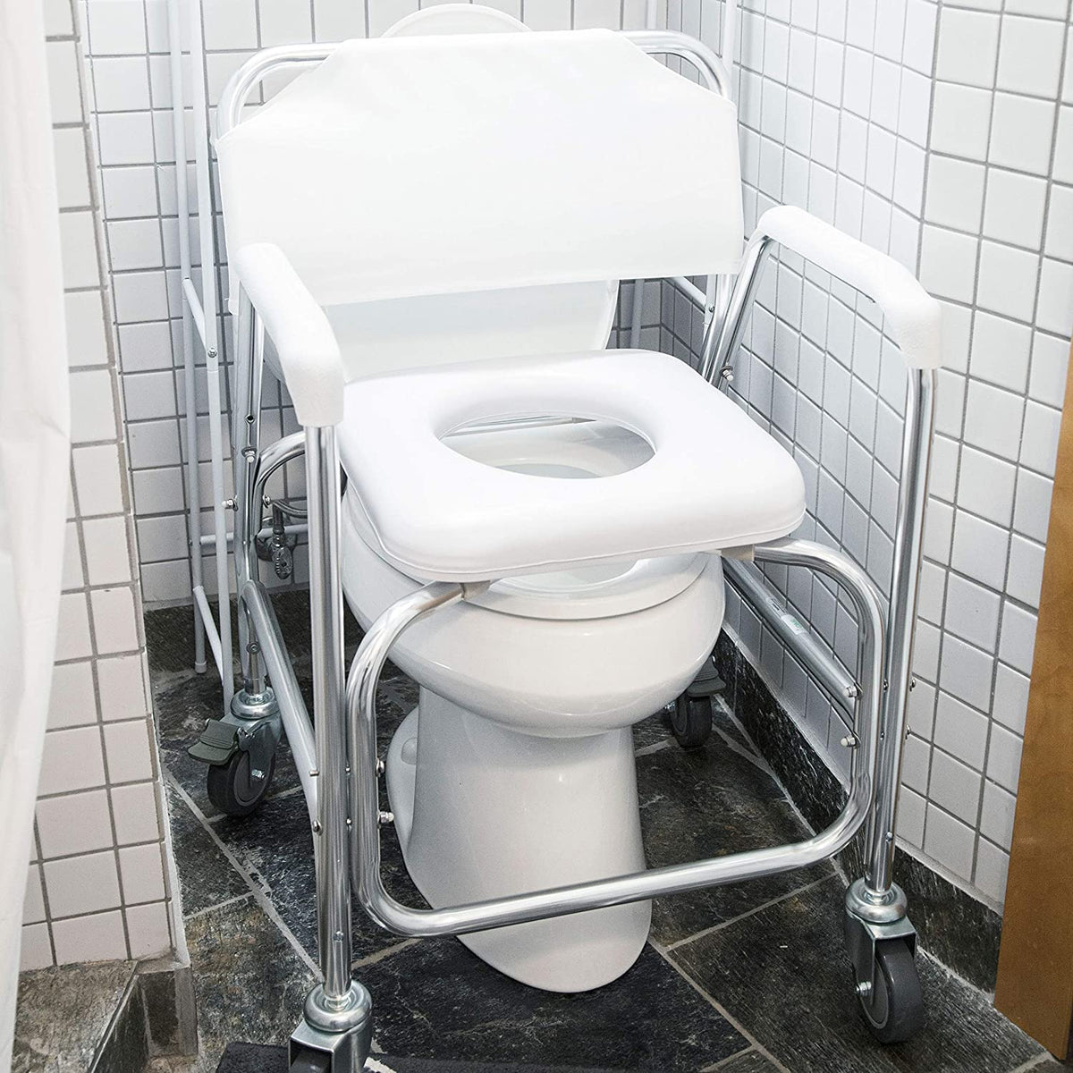 Rolling Shower Commode Chair Aluminum Frame White 250 Lb. Weight Capacity O87306
