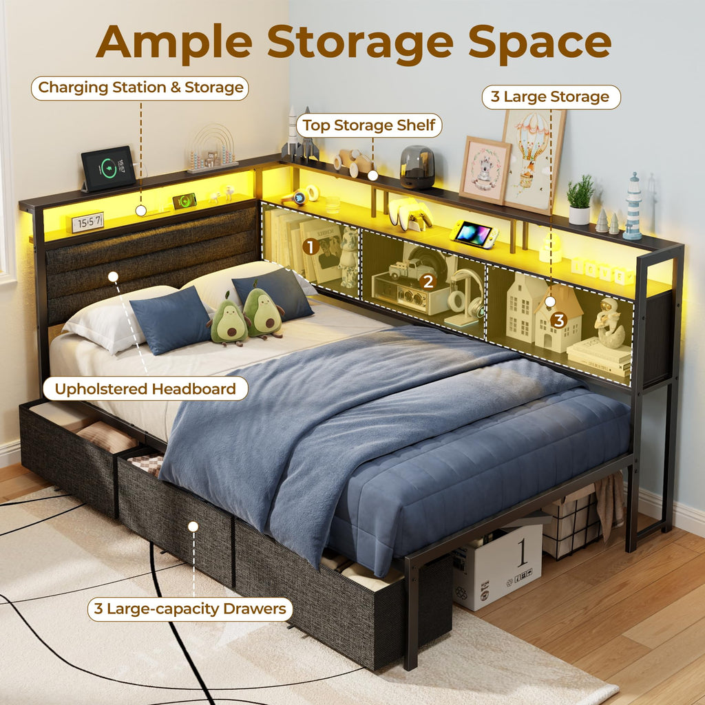 Twin Corner Bed Frame with Upholstered Headboard, 3 Storage Drawers O47978