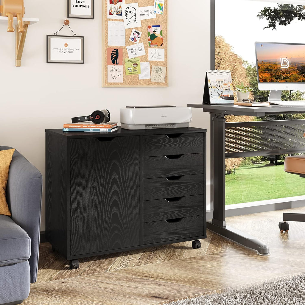 Black 5 Drawer Wood Storage Cabinet with Wheels H82710