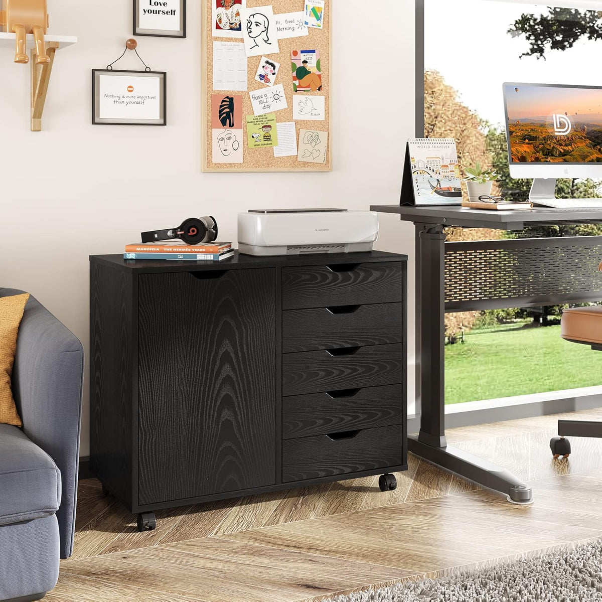 Black 5 Drawer Wood Storage Cabinet with Wheels H82710