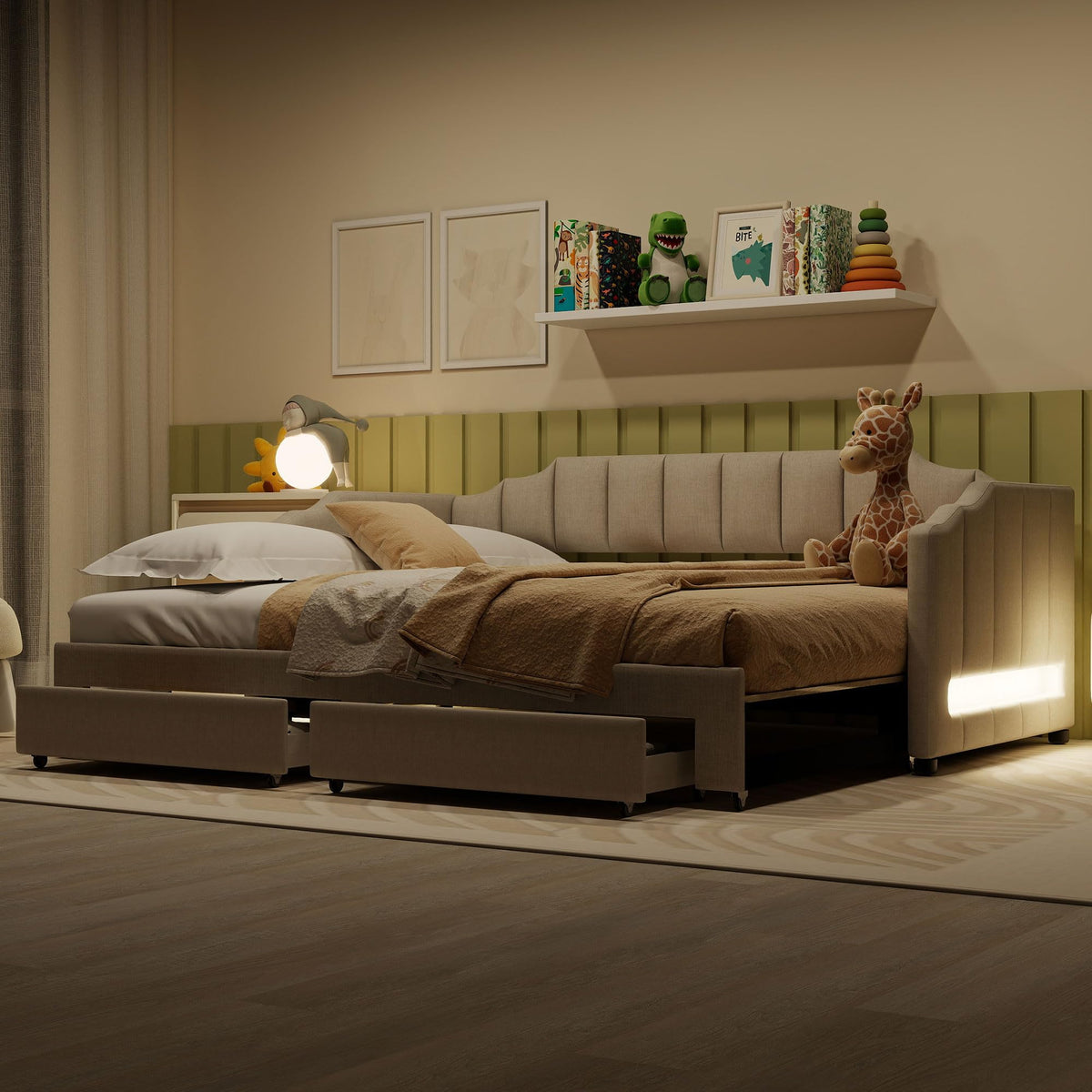 Twin XL Linen Upholstered Daybed with Storage Drawers and LED Light S852023