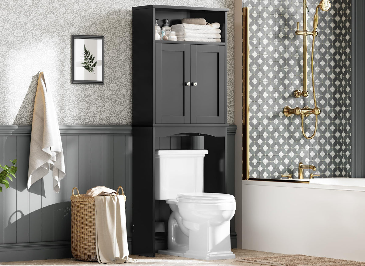Over The Toilet Storage Cabinet with Adjustable Shelf and Double Door, Black F753928
