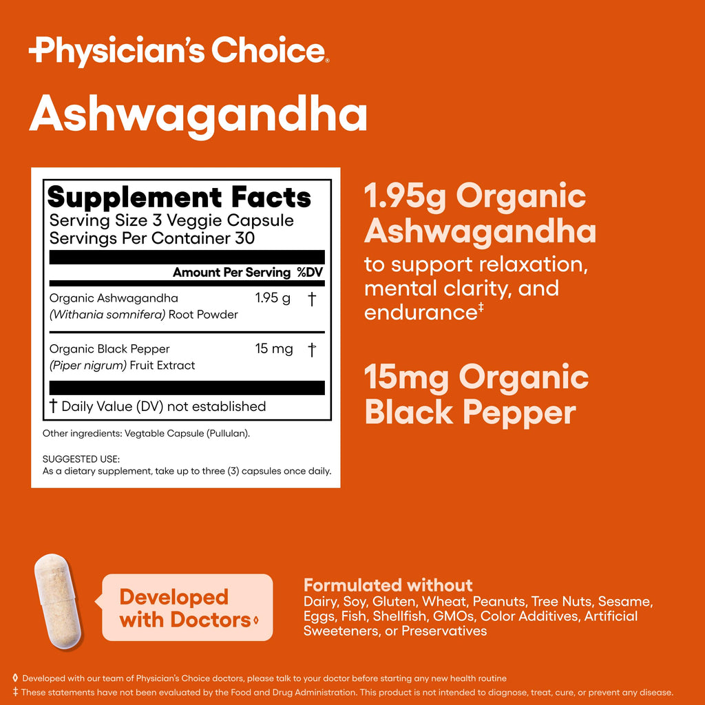 Organic Ashwagandha Root Powder 1950mg 90 Veggie Capsules P6142